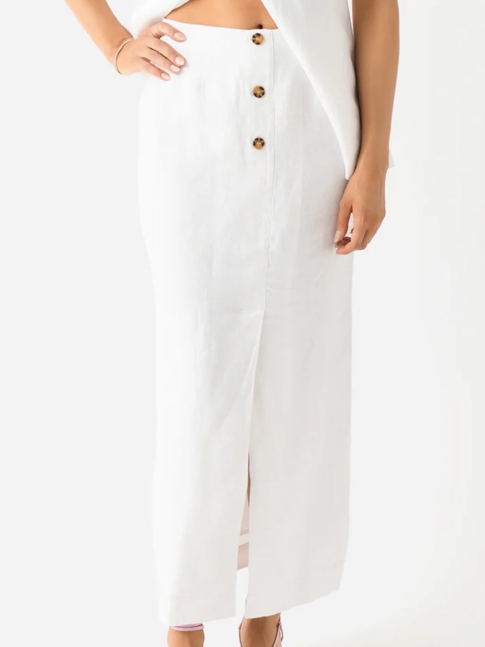 Posse White Button-Front Maxi Skirt with Tortoiseshell Buttons